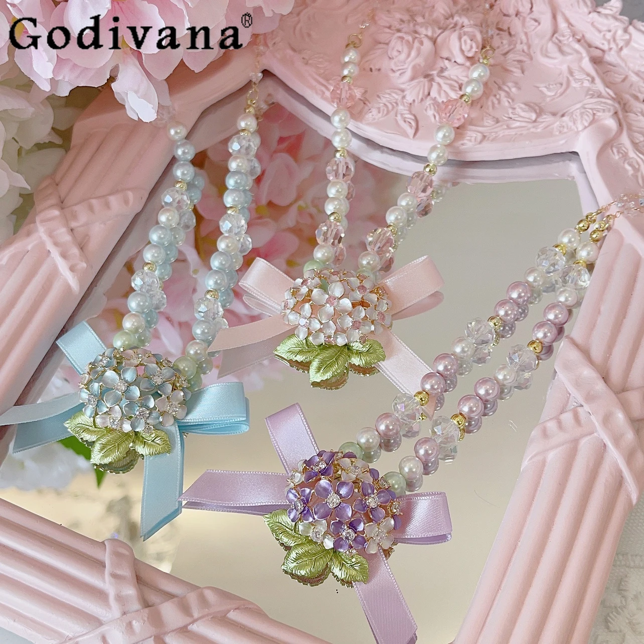 2024 New Pearl Bow Lolita Handmade Necklaces Sweet Cute Kawaii Fashion Temperament Girl Necklace Women's Pink Beaded Necklace