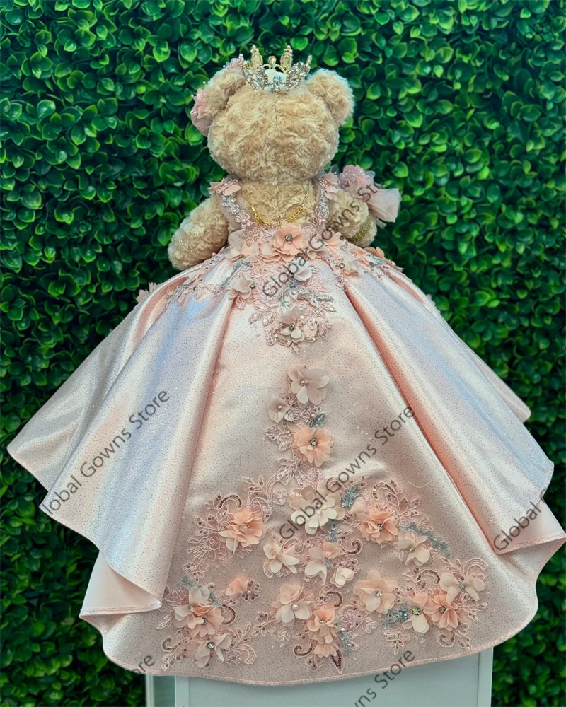 Pink O Neck 3D Flower Special Link For Personalized Quinceanera Teddy Bear Dress Bead Appliques Robe de bal Customized