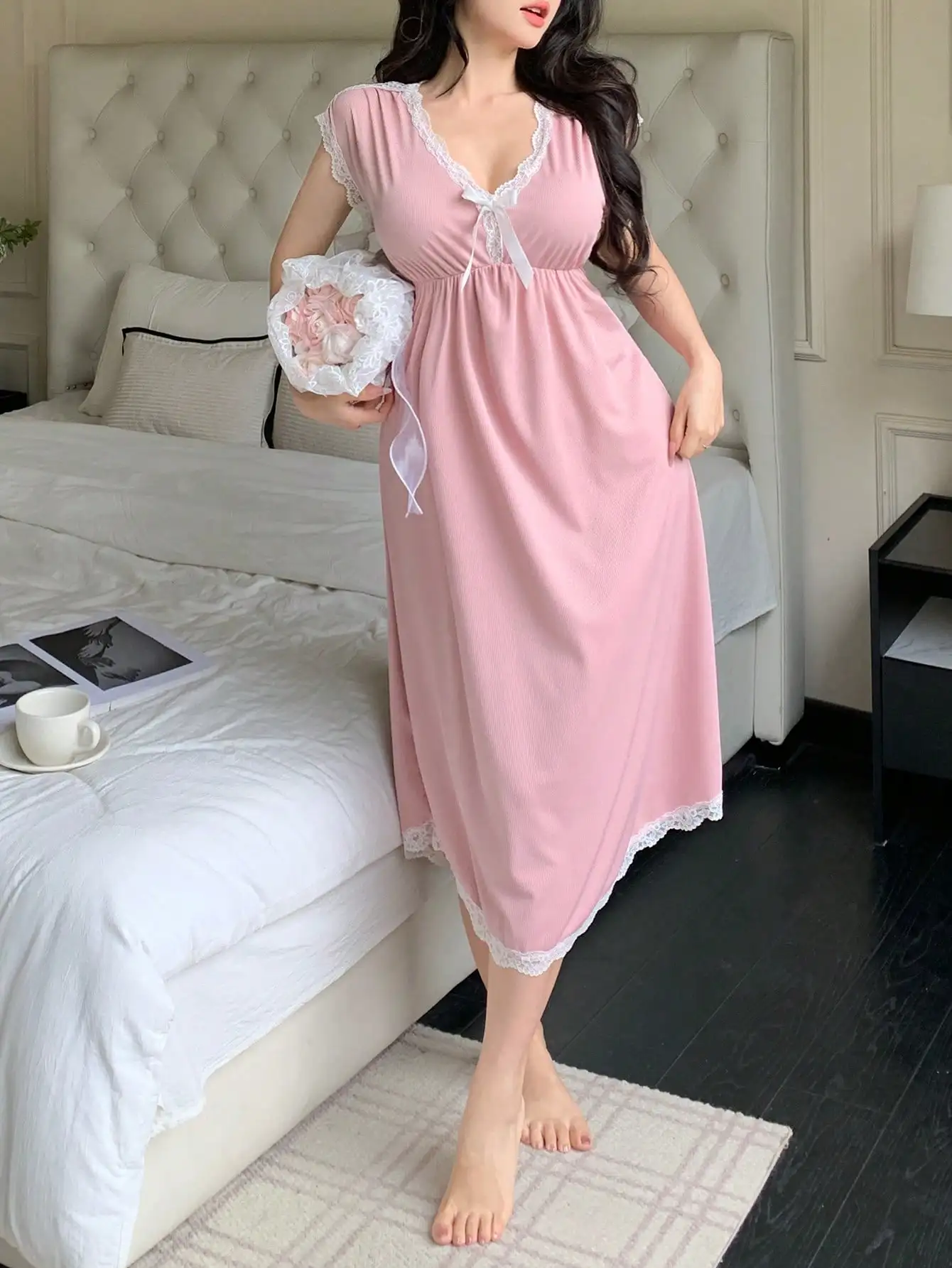 

Women's Pink Deep V-Neck Lace Trim Nightgown with Bowknot, Summer Sleep Dress