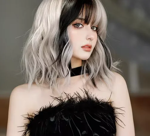 Silver Gray Powder Female Daily Role-Playing Synthetic Curly Wig Fluffy Bangs Heat-Resistant Lolita Wig