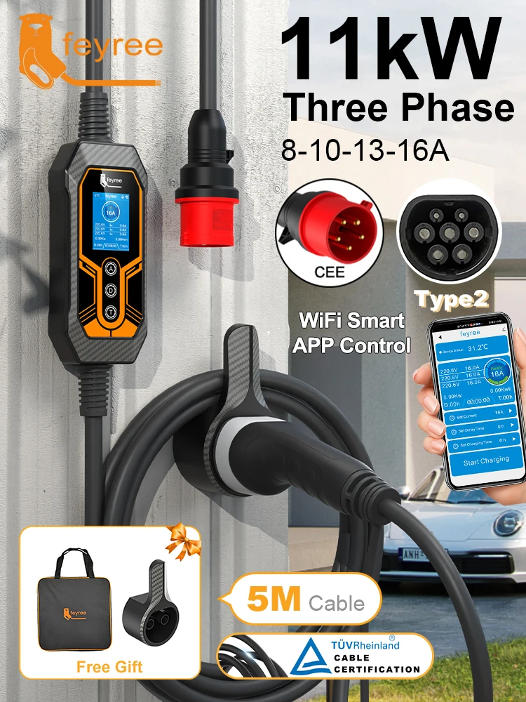 Feyree Tragbares EV-Ladegerät Typ2 11KW 16A 3-Phasen Wi-Fi APP Bluetooth Version EVSE Ladekabel 5m CEE-Stecker für Elektroautos