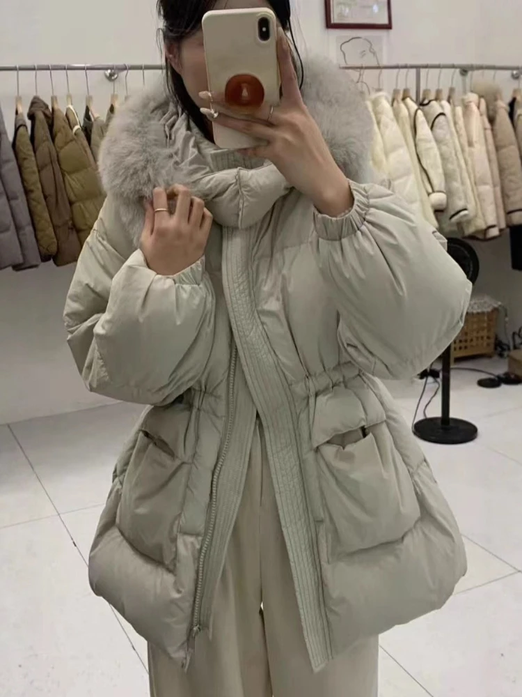 Średniej długości kurtka puchowa z kapturem, puszysta, nowa kolekcja zimowa 2025, parki damskie, gruba, ciepła, płaszcz z 90% białego puchu kaczego, odzież wierzchnia.