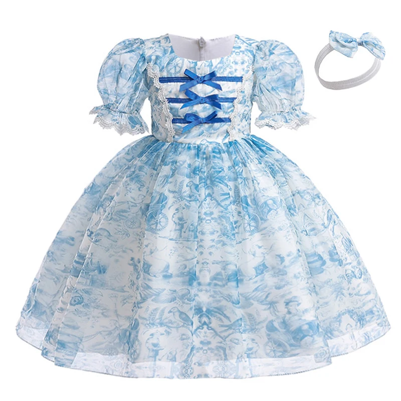 

2PCS Blue Flower Vintage Princess Dress For Girls Children Summer Clothes Elegant Kids Girl Birthday Wedding Party Dreses 3-8Y