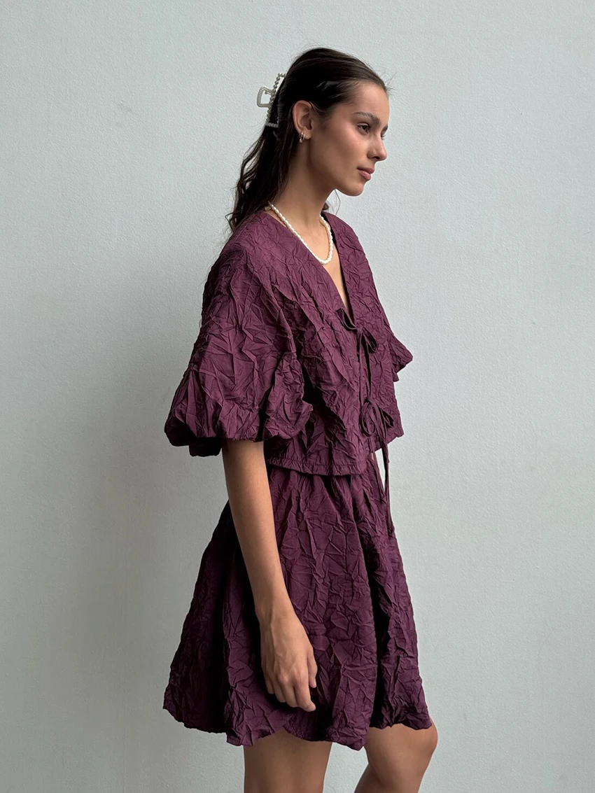 Marthqiqi Casual Female Nightgown Set V-Neck Pajamas Short Sleeve Nightie Lace Up Crop Top Nightwear Shorts Loose Sleepwear Suit