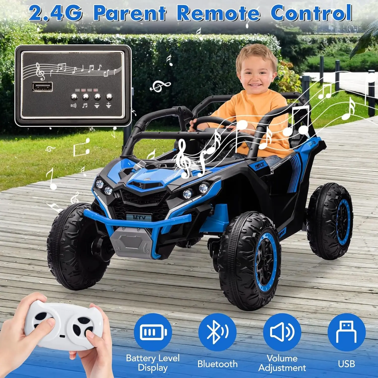 Coche para niños de 2 plazas de 24 V con camión eléctrico 4 direcciones con control remoto, UTV todoterreno de juguete con amortiguador de 4 ruedas,
