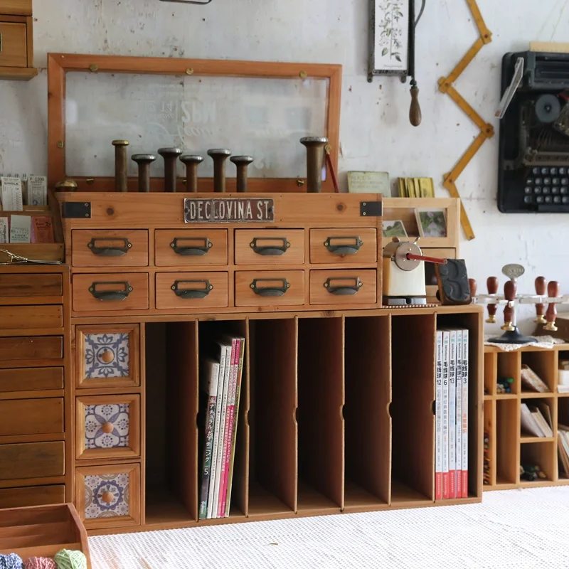

Vintage Wooden A4 File Organizer Desktop Storage Box Multi-Drawer Desk Organizer with Brick-Pattern for Office And Study