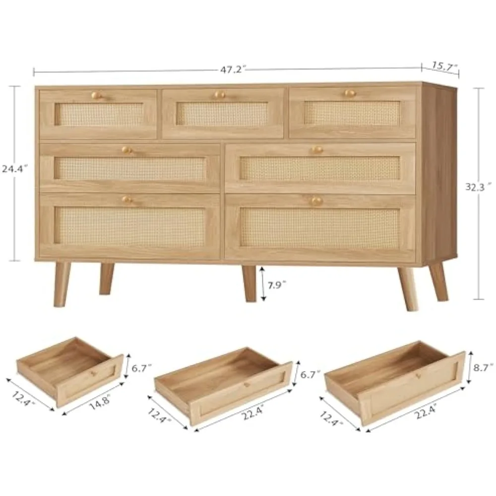 Commode en rotin à 7 tiroirs de style Boho pour chambre à coucher, commode en bois naturel, organisateur de placard