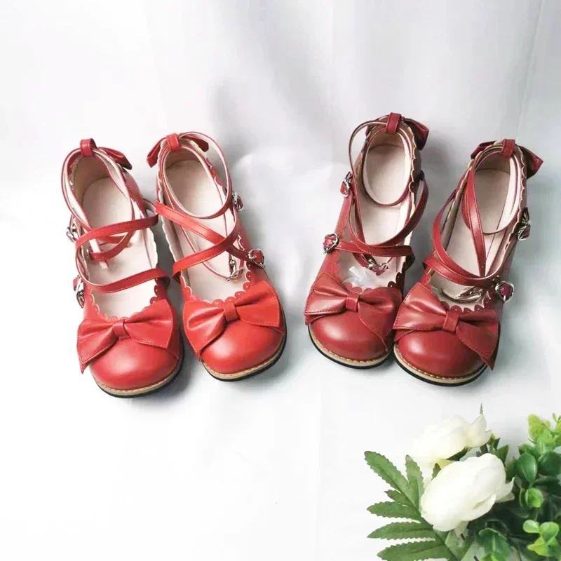 Lolita Shoes Women Flats Low Round With Cross Straps Bow Cute Girls Princess Tea Party Shoes Students Lovely Shoes Size 34-41