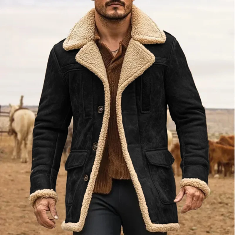 Vintage Solid Color Maxi Outerwear Daily Outdoor Mens Jackets Male 2026 Winter Warm FashionaLapel Fleece Lined Mid Long Coats