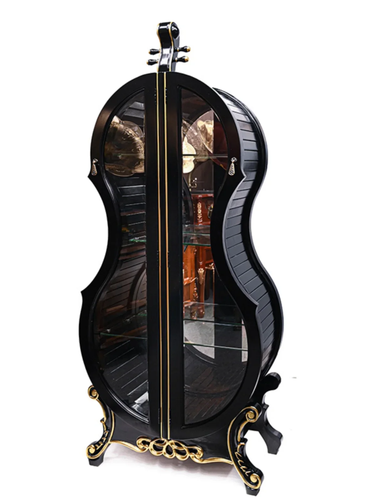 Violin Wine Cabinet Solid Wood Carved Glass Double Door Living Room Display Cabinet