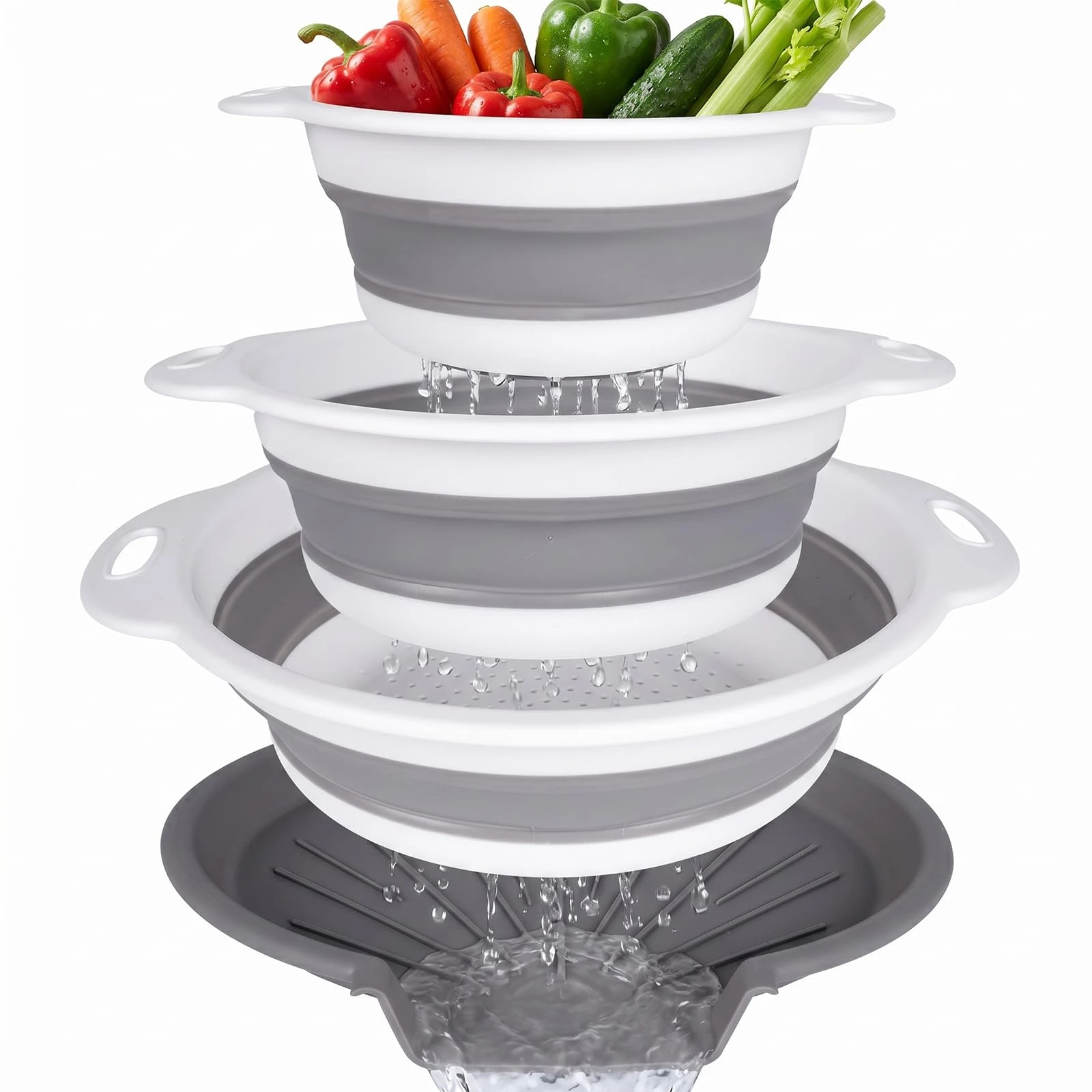 Collapsible Colander Set with Draining Base Food-Grade Silicone Kitchen Strainer D-Handle Basket for Pasta Fruits Vegetables