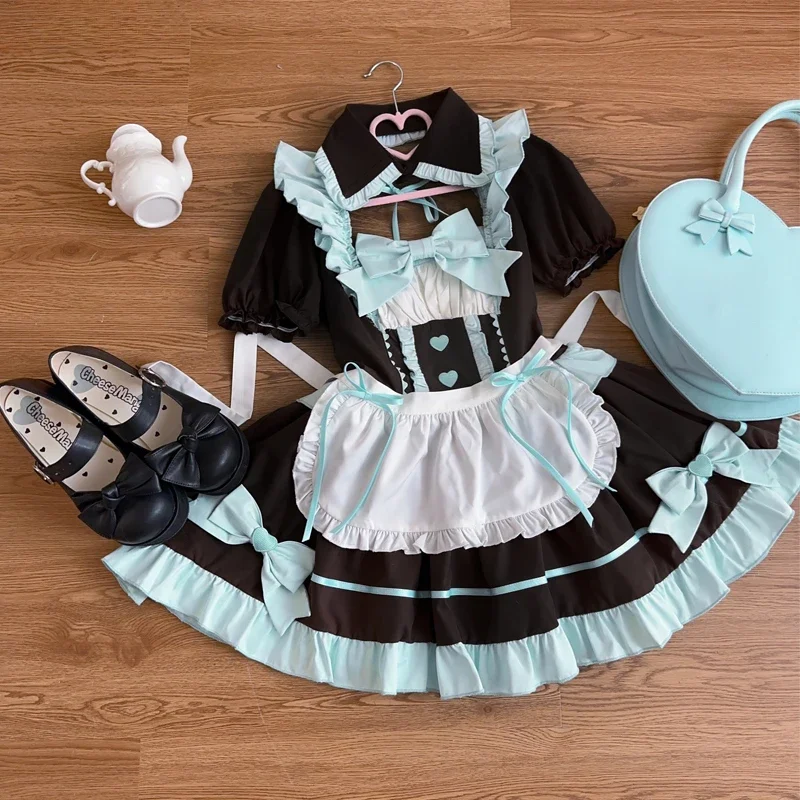 Anime Lolita Maid Dress Set Women Sweet Apron Bow Puff Sleeve Halloween Cosplay Costumes Party Dresses Gothic Girls Cute Dress