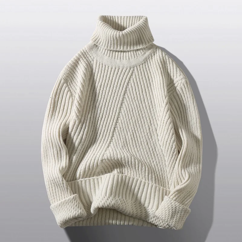 

Thiened Lamb Wool Men's Knitted Sweater Youthful Vitali Sle Long Sve High Collar Color Casual Wear Winter Faion