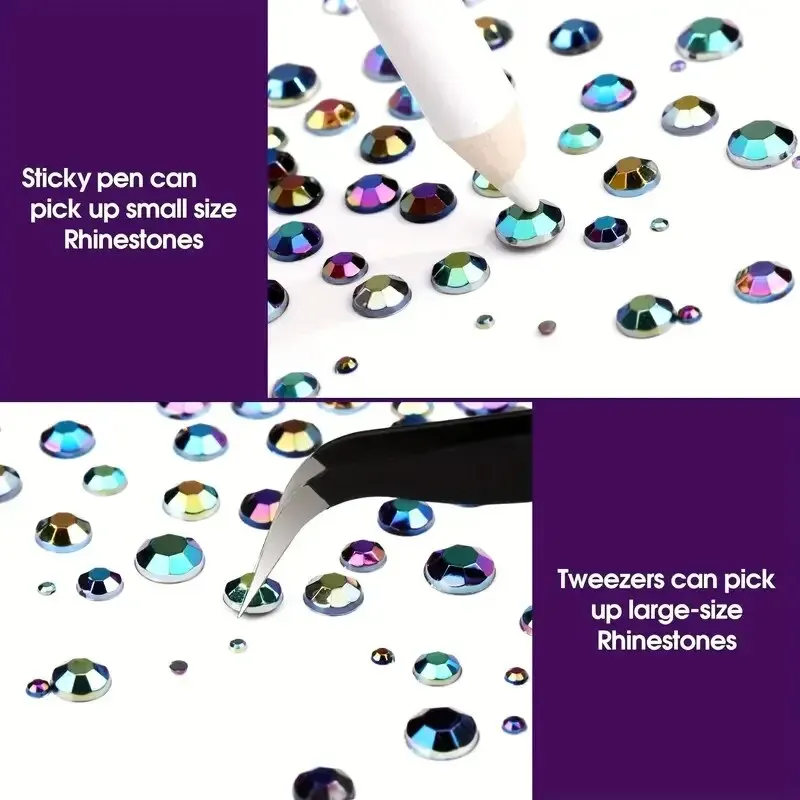 Nail Art Flat Back Black Crystal Beads Multi-Size Resin Rhinestones Lncludes Pick-Up Tweezer & Picking Pen For DIY Crafts