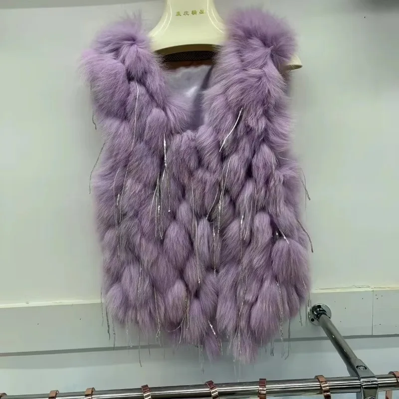 2025 Autumn Spring New Women Imitation Fox Fur Vest Fashion Spokes Tassel Fur Waistcoat Casual Solid Color Warm Short Outwear