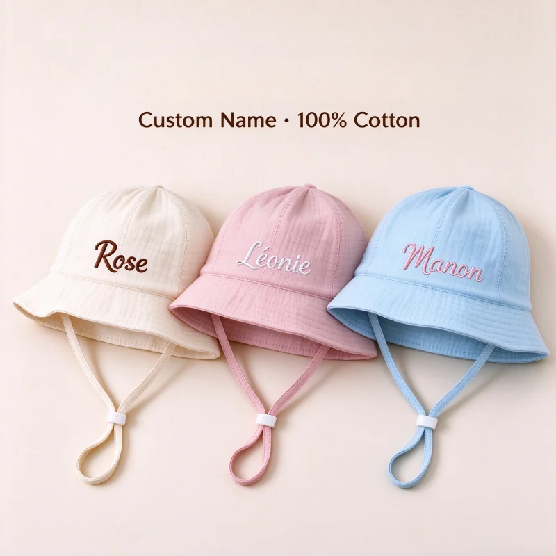 Personalized Toddler Sun Hat Custom Embroidered Cotton Wide Brim Adjustable Chin Strap Summer Beach Birth Gift
