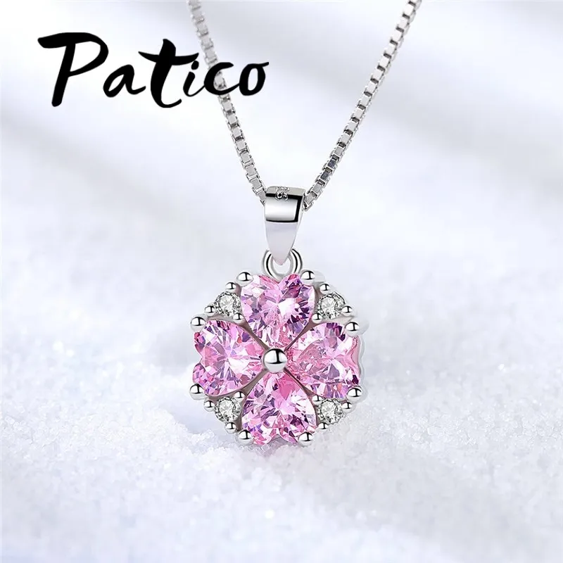 New Fashion Flower Design Pink Cubic Zirconia Necklace Pendant Genuine 925 Sterling Silver Long Necklace For Wedding Engagement