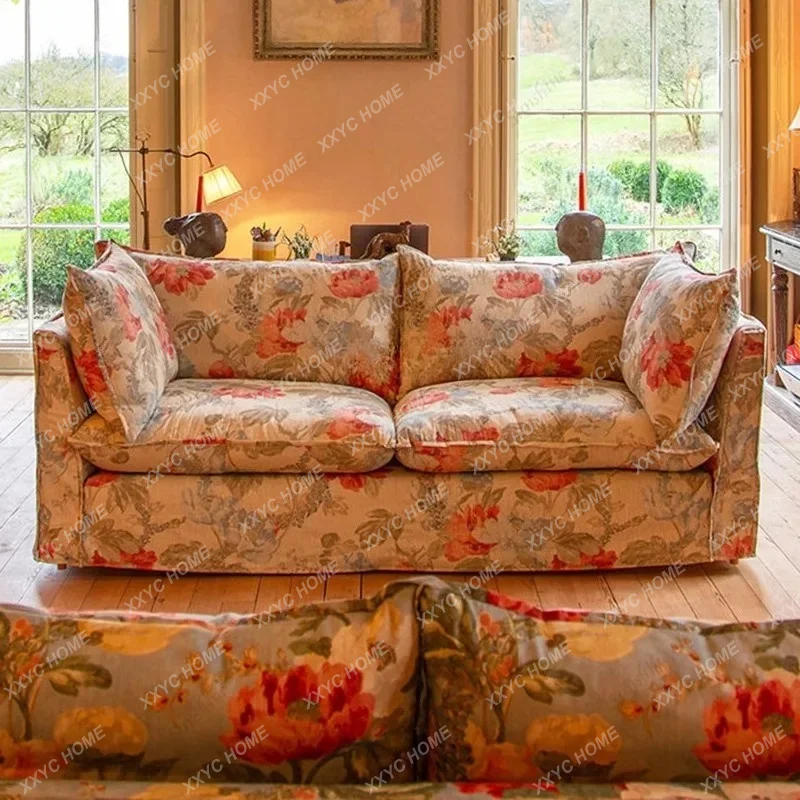 L Printed Fabric Multi Seat Straight Sofa Country Style Solid Wood Living Room Sofa Vintage Exquisite Design furnitures