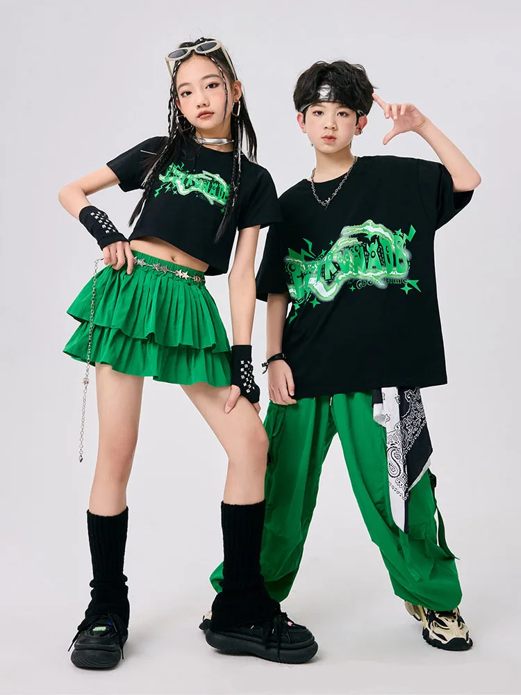 Dziecięca odzież Kpop Hip Hop Czarna Krótka Koszulka Top Zielone Spodnie Spodnie Cargo Spódnica Plisowana Warstwowa dla Dziewczynki Chłopca Stroje do Tańca