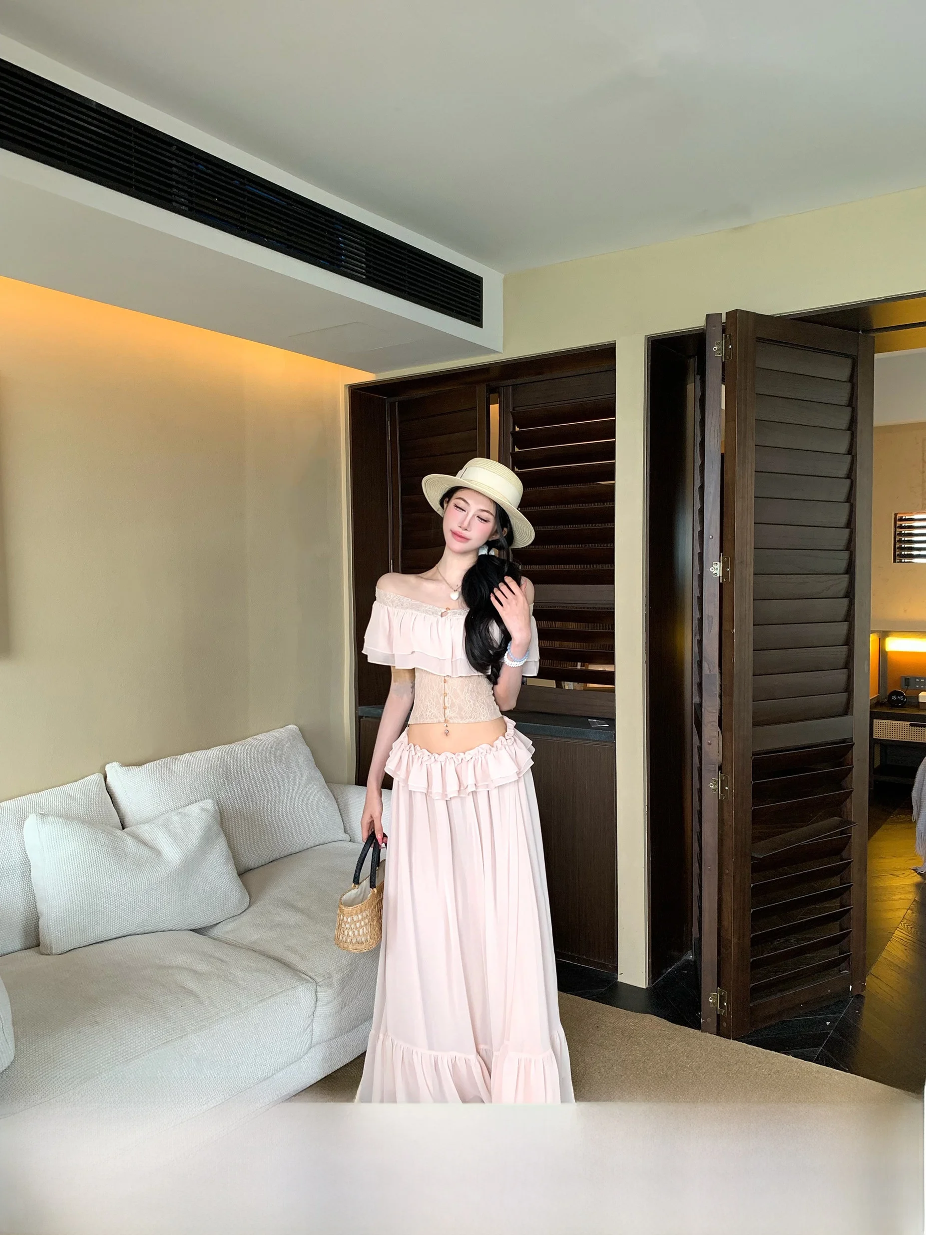 

Summer Fashion Set Women's One-Shoulder Ruffle Sleeve Top Half-Skirt Breathable Short Sleeve Zipper Closure Mid-High Waist