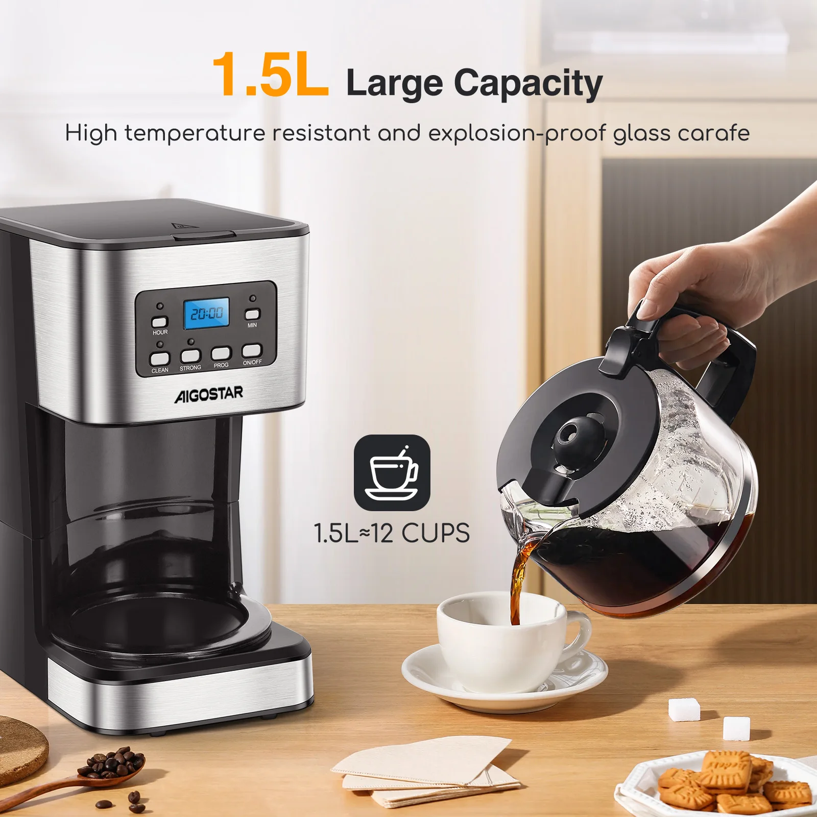 ماكينة صنع قهوة بالتنقيط الكهربائية ، فلتر قابل لإعادة الاستخدام ، شاشة LCD ، قابلة للبرمجة 24 ساعة ، تنظيف ذاتي ، 12 كوب ، سعة