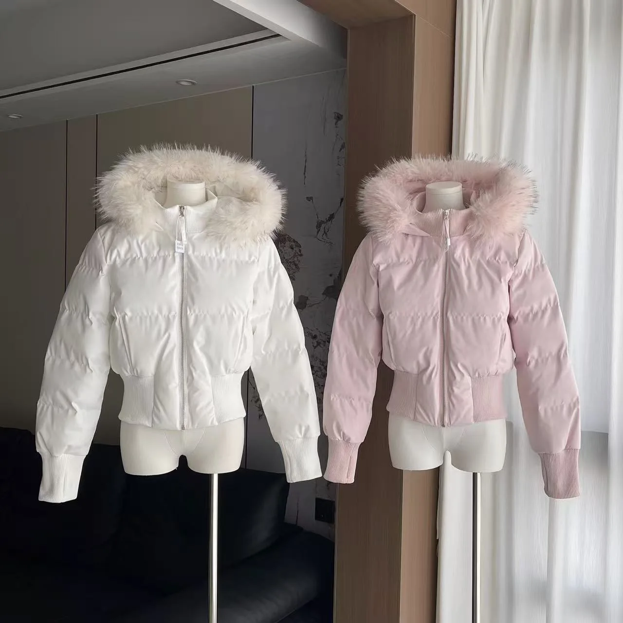 Y2K Gentle wind pink fur collar hooded cotton coat for women winter new Korean style thickened and warm short waisted cotton