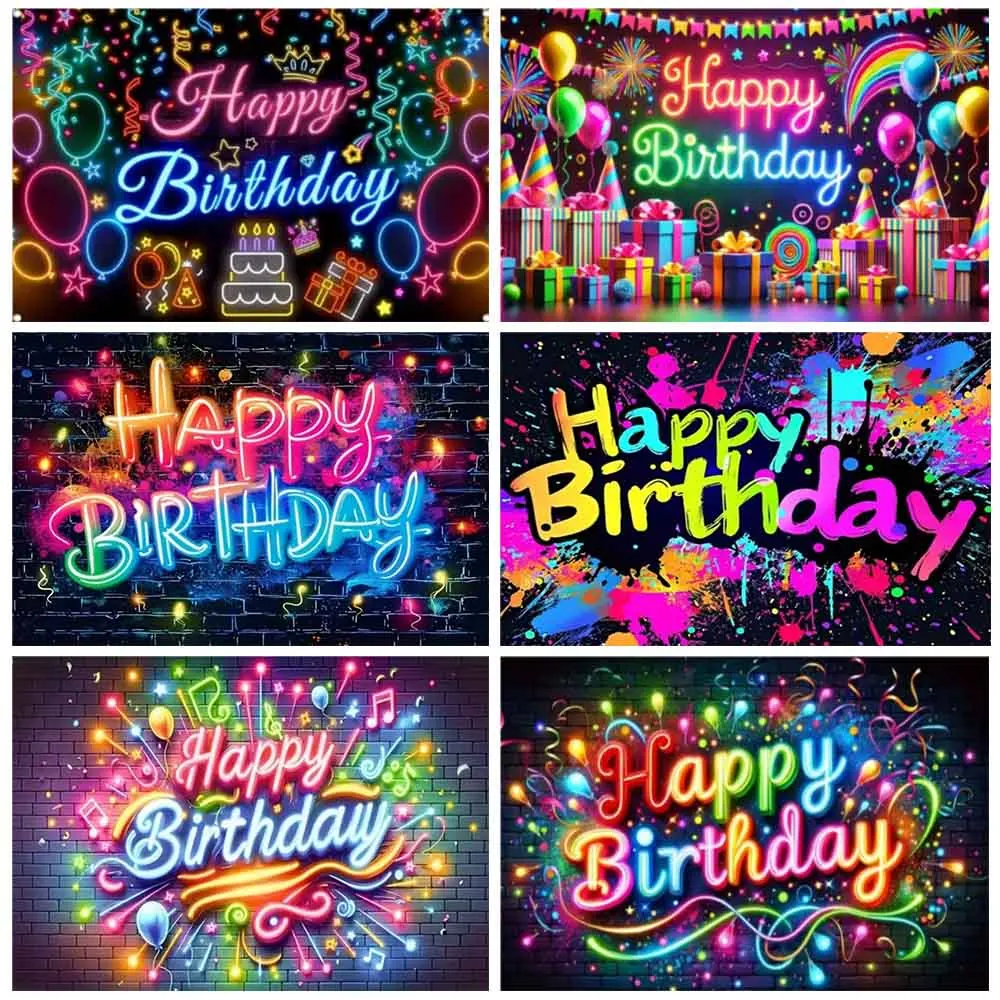 

Neon Happy Birthday Background Decoration Colorful Balloons Children Adult Cake Party Photo Background.