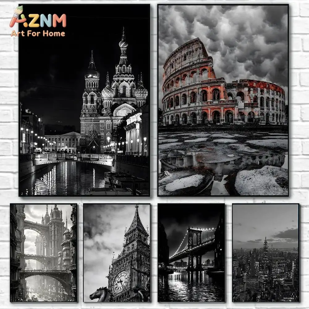 AZNM Black White World Famous Landmark Canvas Wall Art Print, Rome Colosseum London Clock Tower City Architecture Vintage Travel