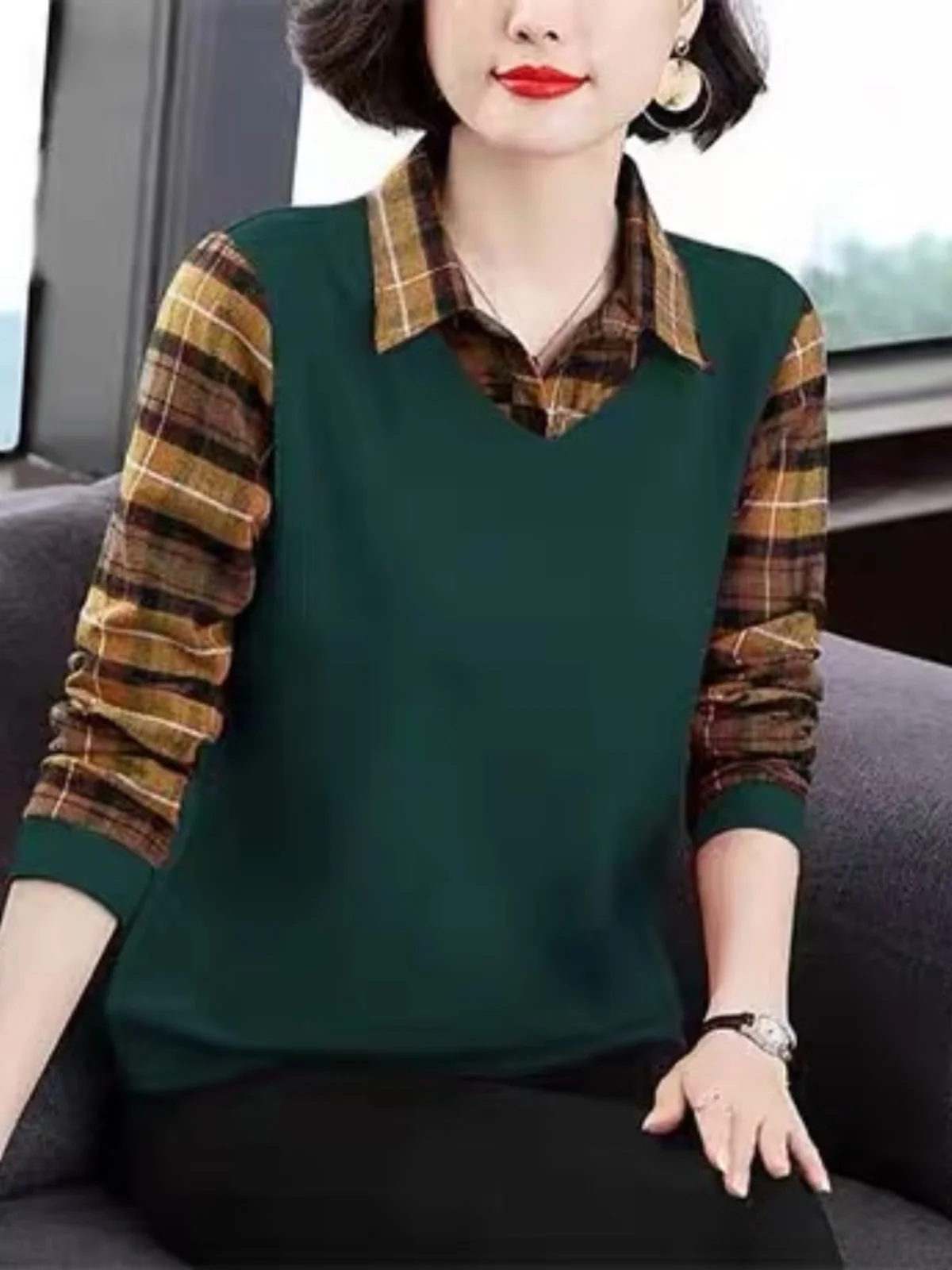 봄 가을 큰 사이즈 엄마들을 위한 세련되고 편안한 롱 슬리브 티셔츠 여성 투피스룩 출퇴근룩 한국 스타일...