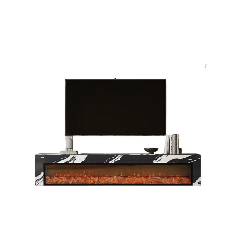 Floor to Ceiling Large Rock Slab TV Cabinet with Simulated Fire Fireplace Integrated Living Room Home High End Modern Simple