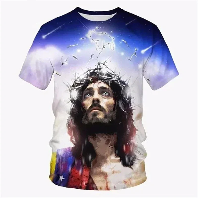 Jesus 3D Printed T-shirt Men's Clothing Round Neck Short Sleeves T Shirts Street Wear Christian Summer Casual Fashion Tops Tees