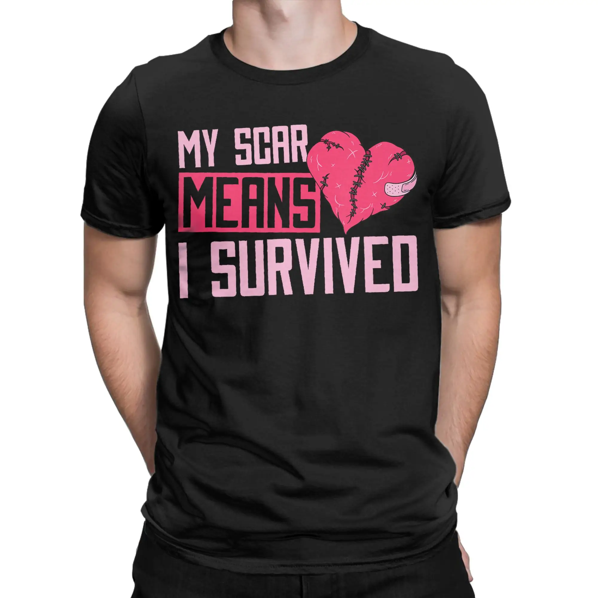 My Scar Means I Survived Heart  T Shirt for Men 100% Cotton Fun T-Shirt Crewneck  Tees Short Sleeve Tops 4XL 5XL