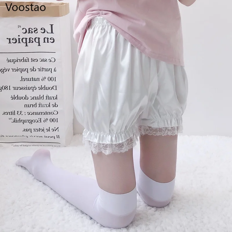 Cute Lolita Safety Short Pants Women Sweet Imitation Silk JK Bloomers Ruffles Lace Trim Panties Girly Pumpkin Shorts Pettipants