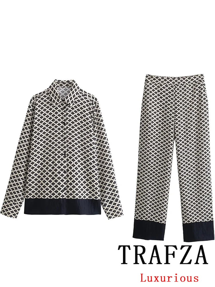 TRAFZA-traje con estampado informal Vintage para mujer, camisa de manga larga con botonadura única, pantalones largos holgados, conjuntos bohemios