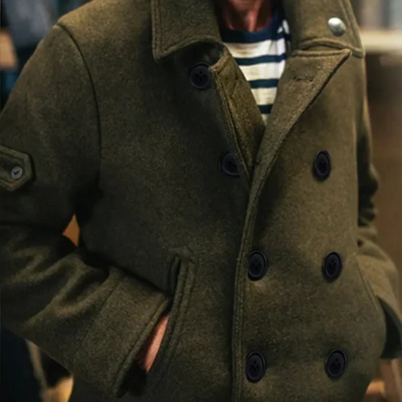 Men Solid Straight Pocket Double Breasted Jacket Autumn Winter Woolen Coat Men Vintage Long Sleeve Turn-down Collar Woolen Coat