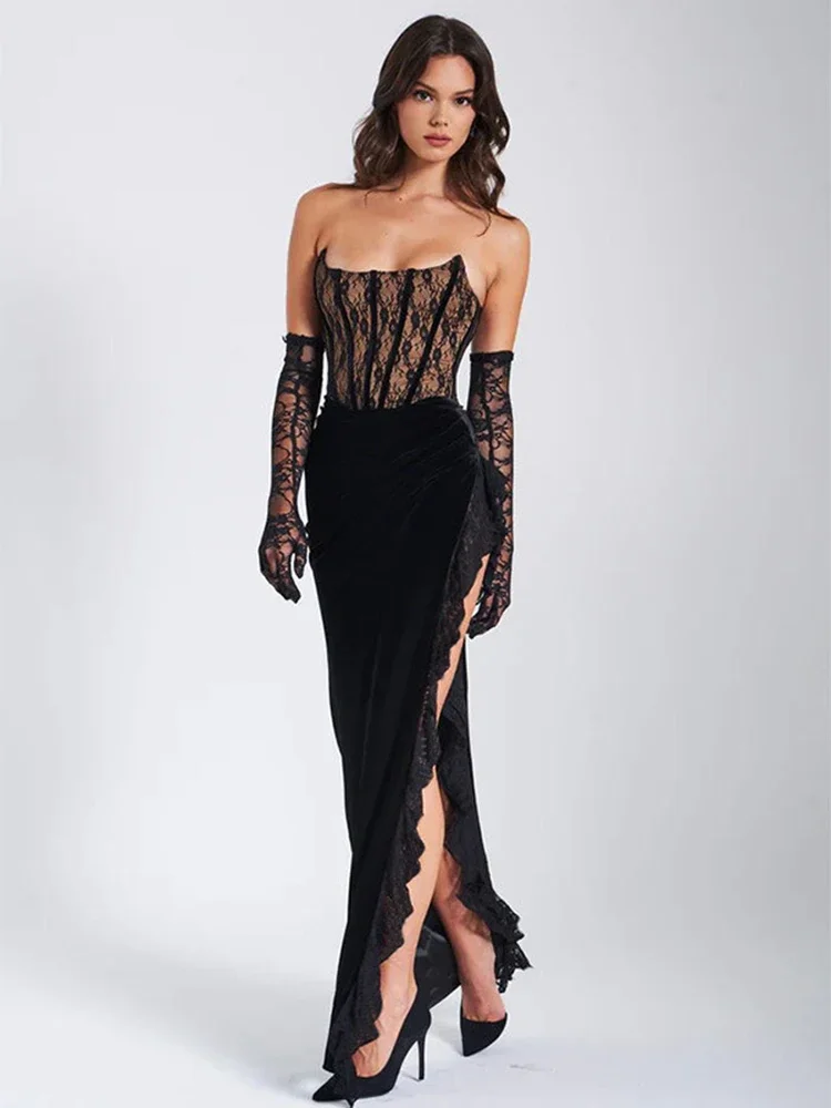 LANGMAO Elegant Lace Strapless Maxi Dress For Women Fashion Black Sleeveless Backless Bodycon Club Party Sexy Long Dress