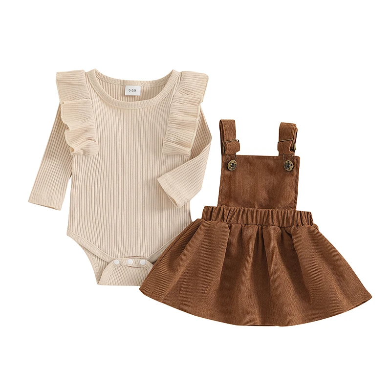 Infant Baby Girl Clothes Ruffles Ribbed Romper Long Sleeve Corduroy Suspender Skirt Dress Fall Winter Outfits