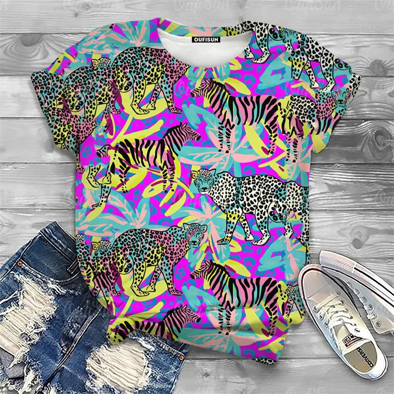 2024 Tops Ladies Cheetah Tiger Print Women\'s T-Shirt Oversized Summer Womens Clothes Animal Graphic Short Sleeve Female Clothing