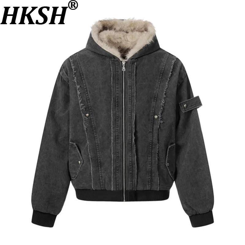 HKSH Winter New Women Warm Coat Hooded Zipper Distressed Vintage Pockets Versatile Casual Windproof Thicken Parka Jacket HK17752