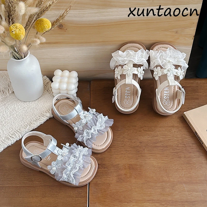 

2026 Summer New Girl Princess Flat Sandals Bow Children's Formal Shoes Ruffle Children's Open toed Sandals Wedding Party