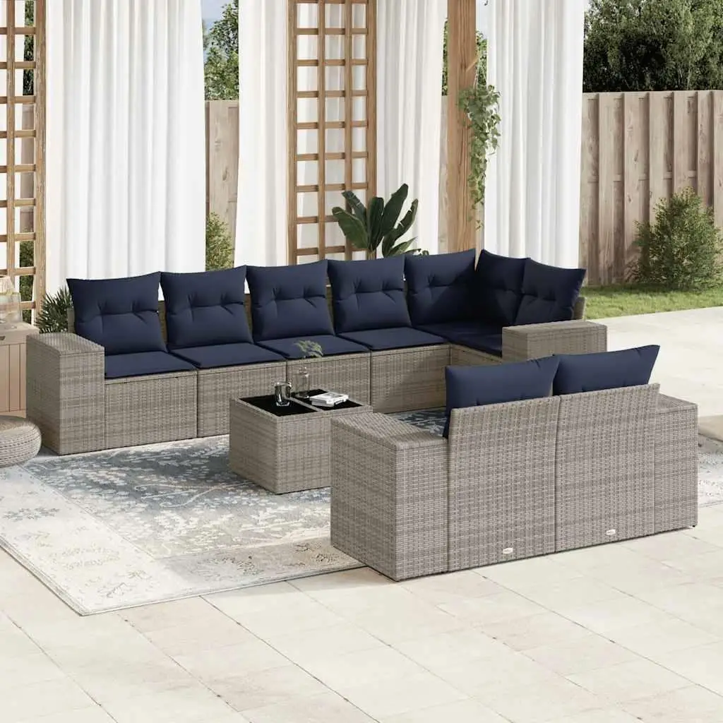 

9 Piece Outdoor Patio Sofa Set with Cushions Gray Rattan Furniture Garden Seating