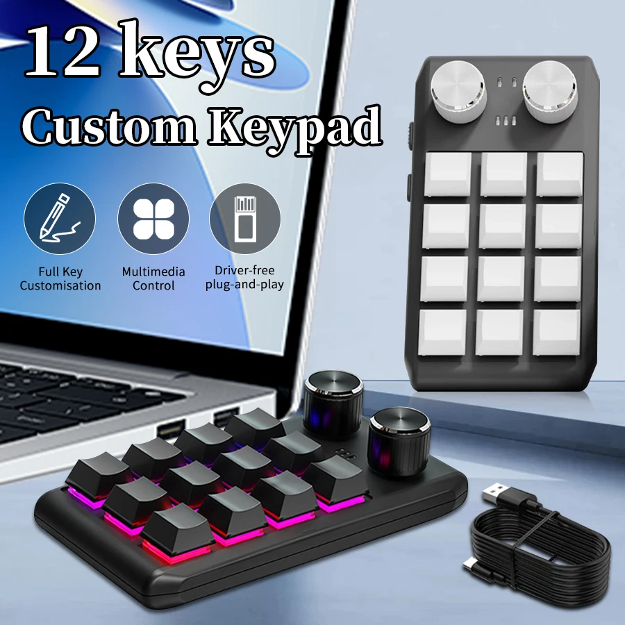 Mini Custom Programming Keyboard 12 Keys 2 Knob RGB Programming Macro Gaming Knob Keypads Tri-mode Hot Swap Mechanical Keyboard