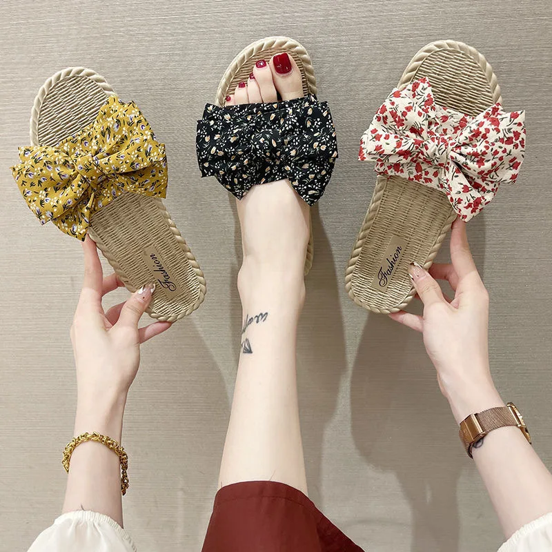 

Slippers Female Summer Outing Students Fashion Bow Tie All-match Flat Bottom Seaside Vacation Beach Soft Bottom Outer Wear Shoes