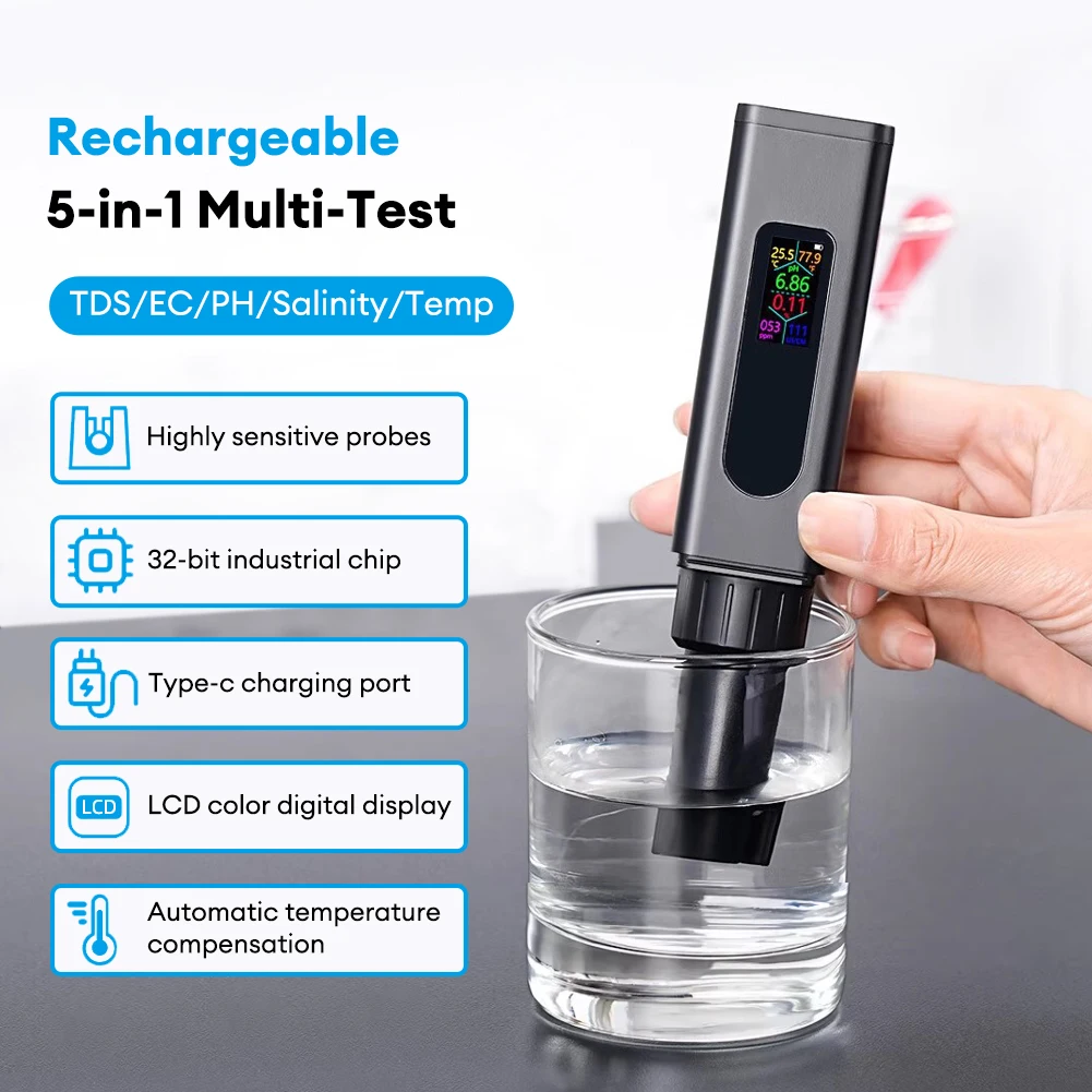 Yieryi 5 in 1 Salinity Meter PH Water Quality Tester Digital EC TDS TEMP Monitor Rechargeable Test for Aquarium Hydroponic Pool