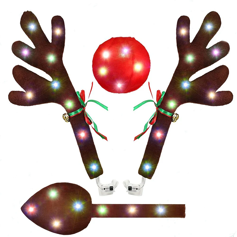 Car Reindeer Antlers,Antlers Car Kit with LED Lights,Reindeer Car Kit Antlers,Nose,Tail,Christmas Decorations for