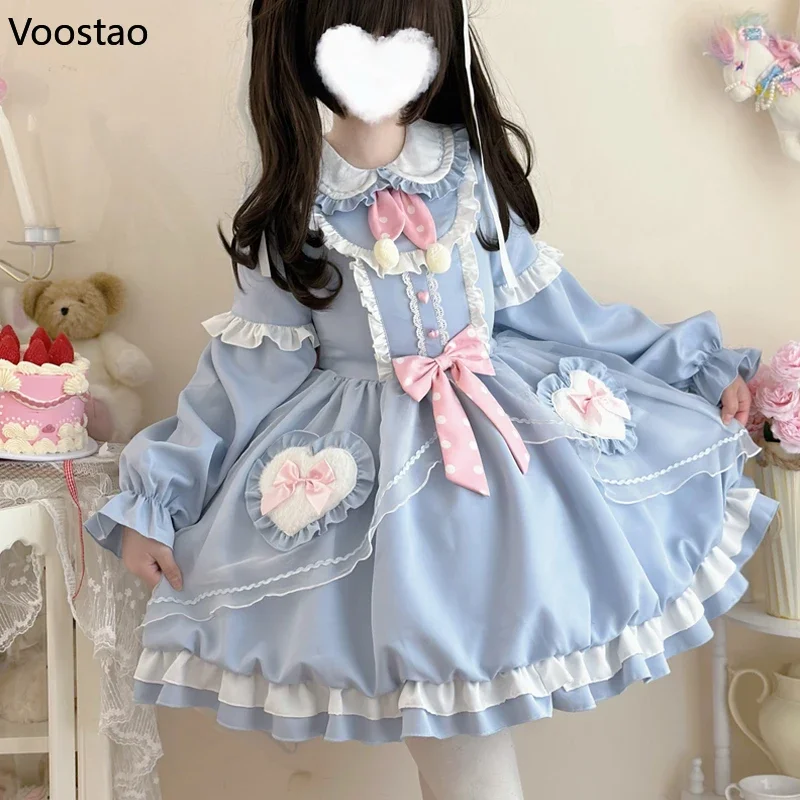 Vestido Kawaii Lolita OP para mujer, dulce lazo con volantes, conejito de dibujos animados, Mini vestidos de fiesta de manga larga, vestido de princesa gótico japonés para niñas