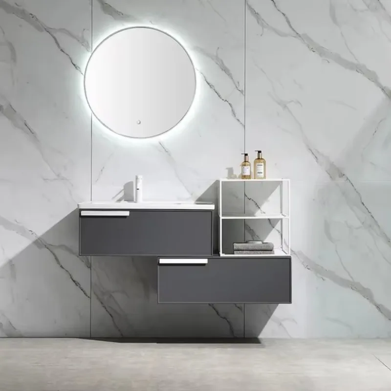 

Gray Lacquered Modern Stretchable Floating Bathroom Vanity Wall Mounted Vanity