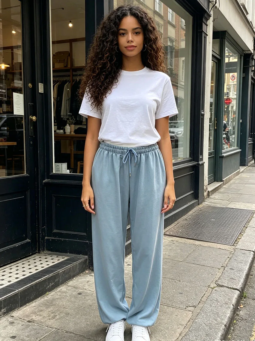 Y2K Ladies Soft Solid Trousers Elastic Waist Drawstring Cuff Back Slogan Letter Heart Print Multi Pocket Loose Streetwear Pants