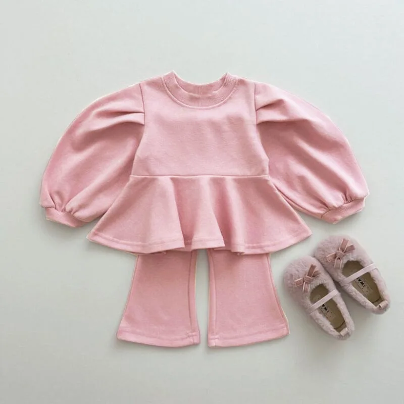 2024 Spring New Baby Girl Long Sleeve Clothes Set Kids Girls Puff Sleeve Sweatshirt + Flared Pants 2pcs Suit Children Outfits