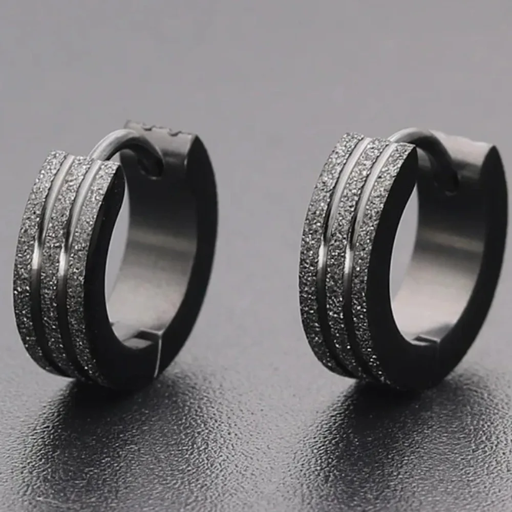 Fashion Scrub Circle Stud Earring for Men Boy Frosted Drop Huggie Earrings Stainless Steel Black Blue Gold Silver Color Jewelry